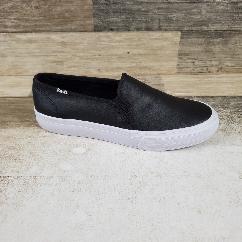 Keds Double Decker Womens Shoes Sz 6 W Black Leather Low Top Slip On Sneakers
